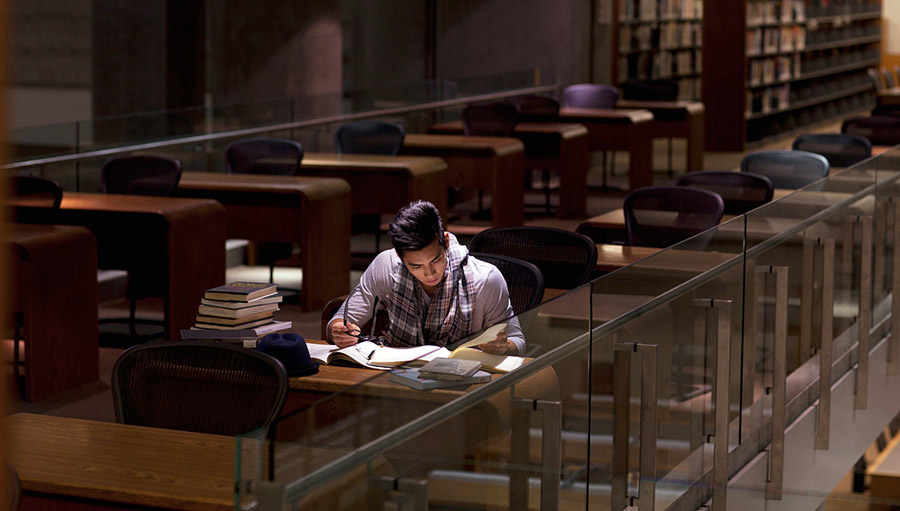 Pessoa estudando sozinha na biblioteca